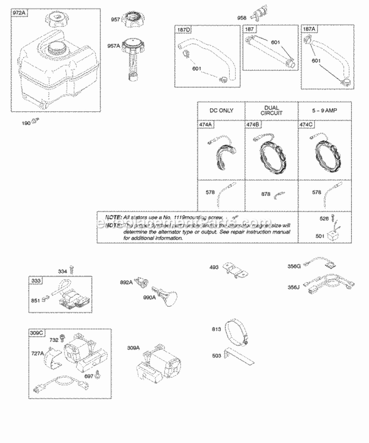 Alternator Electric Starter Fuel Supply Ignition Diagram and Parts List for 20E214-0358-E1  Briggs and Stratton Engine
